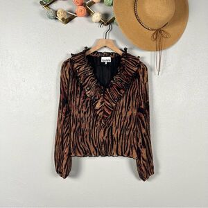 Ganni Pleated Georgette Ruffled Blouse Tiger Eye Animal Romantic Bohemian XS